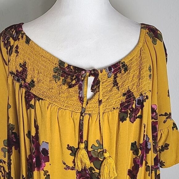 Terra & Sky Gold with Purple Flowers, Short Ruffled Bell Sleeves Tie Front Sz 1X - Picture 3 of 8